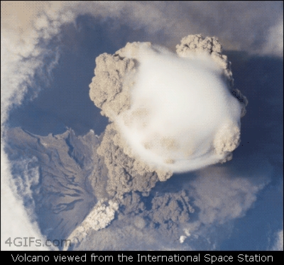 Astronaut's view of an erupting volcano